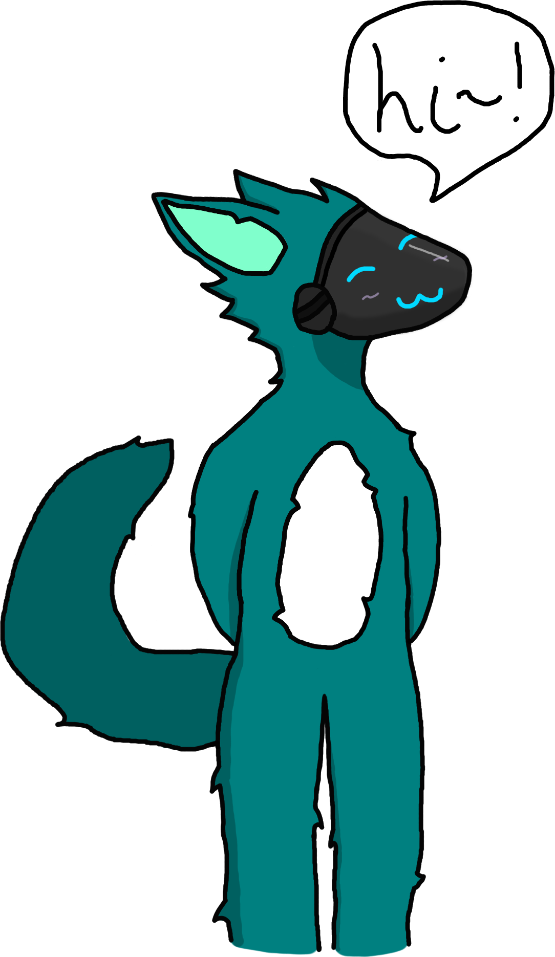 a drawing of my fursona, tauon. she is green, with white tummy fur, has a big fluffy tail, big ears, and a black visor with a blue lit up face. a speech bubble is above her that says 'hi~!'